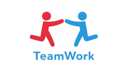 Leinwandbilder - Visually Balanced Teamwork Icon Depicting Collaborative High Five Pose of Two Abstract Human Figures in Red and Blue Showcasing the Concept of Workplace Synergy
