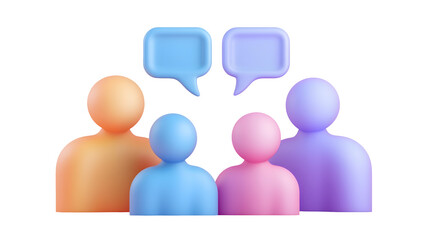 Aufkleber - A vibrant 3D digital featuring three abstract human figures in vibrant colors each with a speech bubble above their heads representing active dialogue social engagement and collaborative teamwork