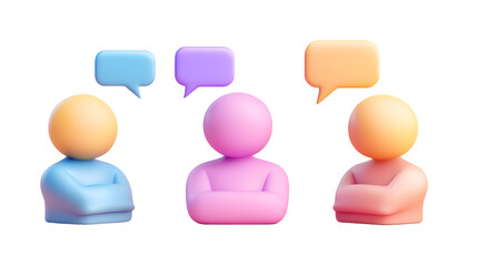 Aufkleber - Futuristic and sleek 3D composition showcasing three uniquely colored abstract people icons each engaged in a collaborative conversation with floating speech bubbles above them