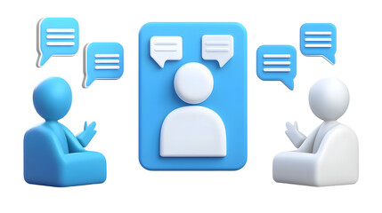 Aufkleber - Stylized 3D Concept of Three Animated Figures in Bold Colors Engaged in Animated Conversation with Speech Bubbles Conveying Effective Communication Business Strategy and Team Discussions
