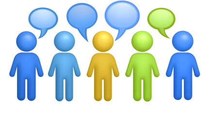Poster - A dynamic and engaging 3D social interaction concept featuring three uniquely shaped colorful human like figures communicating through floating speech bubbles  The polished