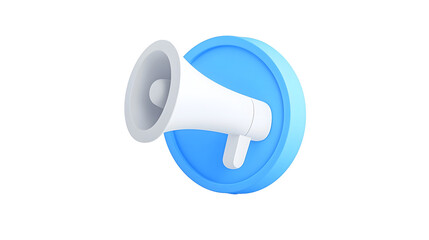 Aufkleber - Futuristic 3D blue speech bubble with a white megaphone icon symbolizing voice amplification media alerts and public discourse  The minimalistic design is presented on a white background