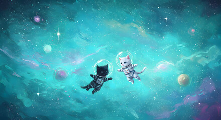 Wall Mural - Astronaut cats floating in space.
