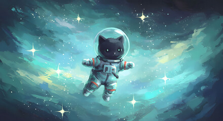 Wall Mural - Astronaut cat in outer space and starry sky.