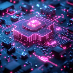 Wall Mural - glowing cpu on circuit board, tech background, innovation