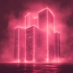 Wall Mural - neon city skyline, glowing buildings, night, fog, futuristic backdrop