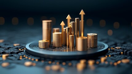 Fototapete - Sleek Financial Visualization with Floating Golden Arrows and Stacked Coins on Futuristic 3D Bar Chart   Glowing Elements on Deep Blue Background Showcase Technological Innovation and Economic Growth