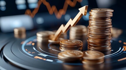 Aufkleber - Futuristic financial visualization showcasing floating golden arrows pointing upward neatly stacked gold coins and a sleek 3D bar chart  All elements are displayed on a high tech circular base