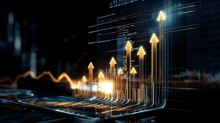 Poster - A cutting edge business intelligence dashboard showcasing a futuristic visualization of financial market trends and economic growth  The display features floating glowing arrows