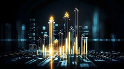 Aufkleber - Sleek Futuristic Financial Visualization with Levitating Glowing Arrows 3D Bar Charts and an Intelligent Technology Driven Platform Representing Market Performance Wealth Growth