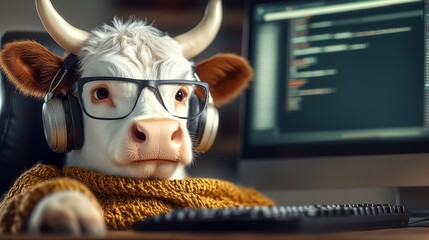 Cow wearing glasses and headphones is sitting in front of a computer keyboard. The cow appears to be working on a computer, possibly typing or browsing the internet. Concept of humor and playfulness