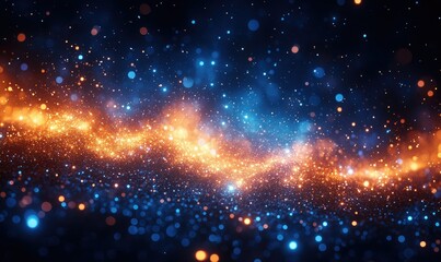 Abstract digital art, vibrant glowing particles, orange and blue streaks against dark background, bokeh effect, digital illustration