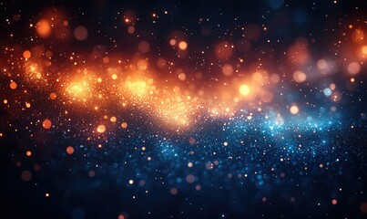 Abstract background with orange and blue bokeh lights, dark background, glowing particles, vibrant colors
