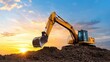 © Angelo - Excavator digging earth at sunset construction site aerial view industrial environment heavy machinery action