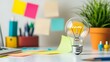 © ABC IMAGE - A creative advertising brainstorming session with sticky notes, a lightbulb, and sketches on a table, isolated on a white background.