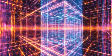 Digital Realm: An abstract depiction of a 3D cube and grid lines, filled with glowing lines of data and information, conveying concepts of interconnectedness and data visualization