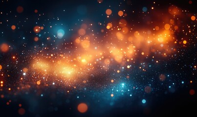 Abstract background with vibrant orange and blue bokeh lights and glitter particles on dark background, creating a striking visual effect