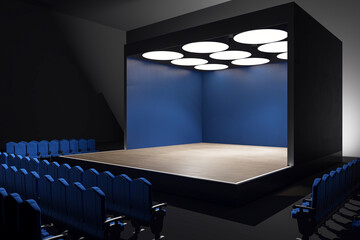 Wall Mural - modern empty stage with blue walls and circular ceiling lights in a dark theater interior. 3d render