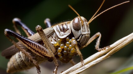 Poster - Nature's cycle closeup photography of parasitic larvae on grasshopper in a macro insect habitat