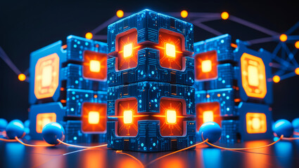 Wall Mural - an abstract futuristic, abstract technology 3d cubes structure, with intricate circuit patterns on t