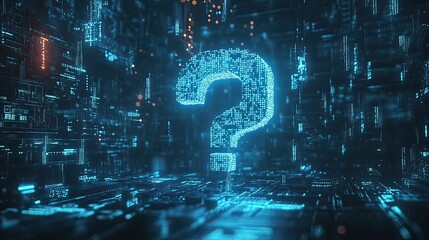 glowing binary code question mark: futuristic tech problem-solving & digital innovation