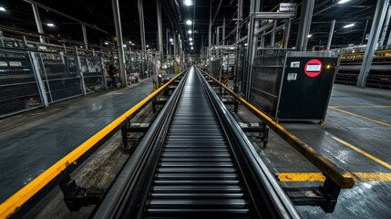 Poster - Industrial conveyor belt system in action manufacturing facility photo indoor wide angle automation concept