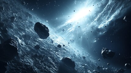 Wall Mural - space rocks flying. asteroids floating in dark sky. cosmic scene. outer space. celestial view. light