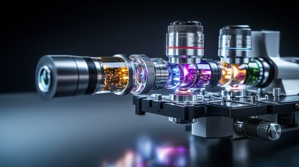 Aufkleber - Light refraction through multiple lenses a close-up view in a scientific photography laboratory setting