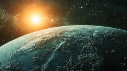 Wall Mural - planet surface with clouds. star shine in space background. outer world close view. universe sphere 