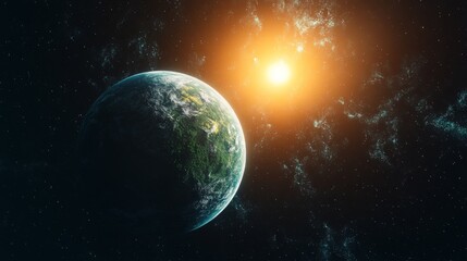 Wall Mural - green planet in space. star light and dark sky. fantasy world with trees and clouds. distant univers