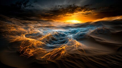 Fototapete - Windcarved sand dune ripples at sunset abstract art desert landscape natural beauty vibrant colors digital photography