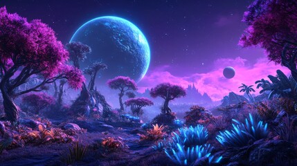 Fantasy planet landscape. Purple trees with large planet in sky. Blue glowing plants and grass in a vivid nature scene.