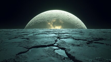 Wall Mural - moon surface view. planet landscape. cracked ground. space scene. lunar horizon. night sky. celestia