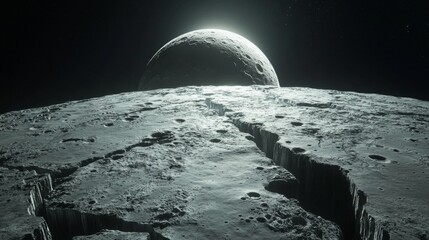 Wall Mural - planet surface view. large moon rises over the horizon. deep canyons cut across the grey rocky lands