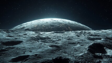 Wall Mural - moon surface with craters. distant planet rises above the horizon in space with stars. lunar landsca