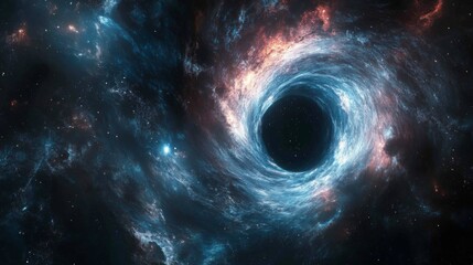 Wall Mural - space black hole view. blue light swirls around dark center. stars and bright colors glow. cosmic vo