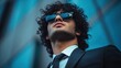 © Руслан Хайруллин - Curly-haired young man in a sharp suit captures attention with a confident gaze and stylish sunglasses against a modern backdrop