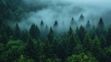 Wall Mural - lush green forest enveloped in misty fog during early morning hours in a serene landscape