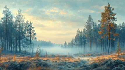 Wall Mural - misty morning in a tranquil forest with spruces and soft light illuminating the landscape