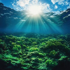  A captivating underwater vista where vibrant green algae blanket the ocean floor, set against a mesmerizing deep blue-green backdrop