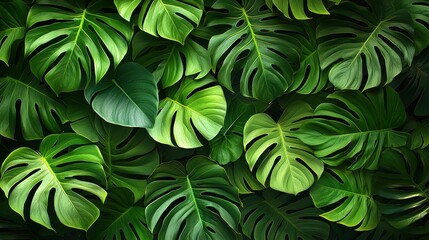 Wall Mural - lush green monstera leaves creating a vibrant, natural backdrop in a tropical setting during dayligh