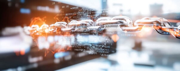 Digital blockchain network represented by metallic chain and data streams