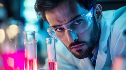 Wall Mural - focused scientist in lab coat and safety glasses examines colorful liquid in test tubes under blue l