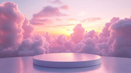 Wall Mural - empty podium in focus, surrounded by soft pink and purple clouds at sunset, with a warm and calm glo