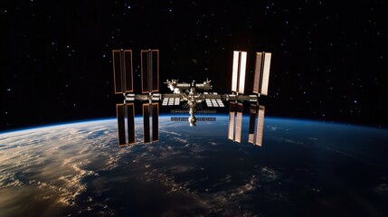 Wall Mural - the international space station orbiting earth against the backdrop of a star-filled sky, with a bea