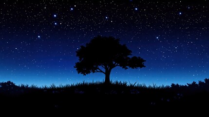 Wall Mural - the silhouette of a lone tree under a dark, starry sky