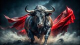 Furious Bull Double Exposure, Red Rag, Spanish Bullfight, Fighting Animal, Aggressive Taurus