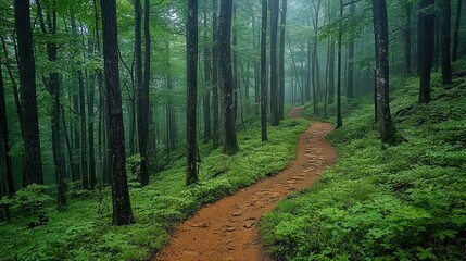 Wall Mural - serene winding path through lush green forest under soft morning fog