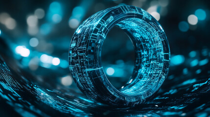 Abstract futuristic blue digital ring technology background 3d data dark code cyber light circle