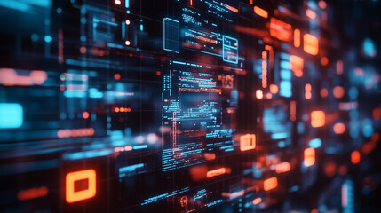 Abstract digital technology background with blue and orange glowing data streams and futuristic code